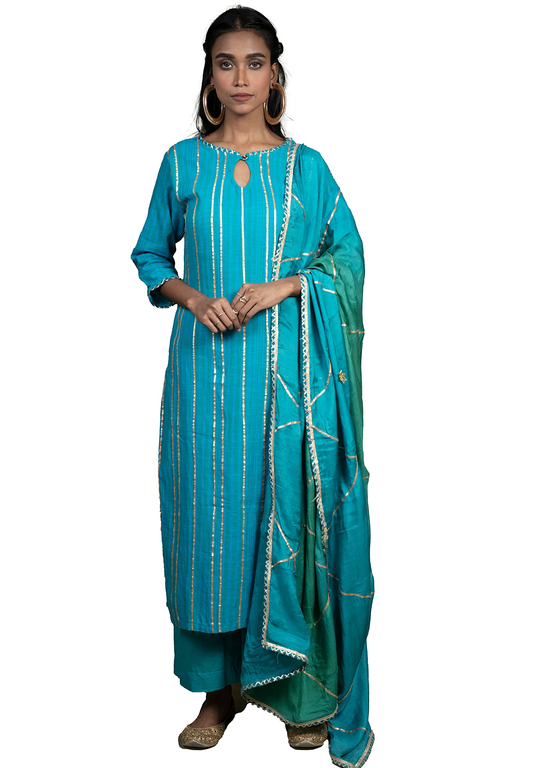 XOXO CherryWomen Neer Gotta Detailed Kurta Pyjama Set with Malmal Dupatta| Green and Firozi | Traditional Girls Suit | Indian wear| Party, Casual Ethnic Clothes