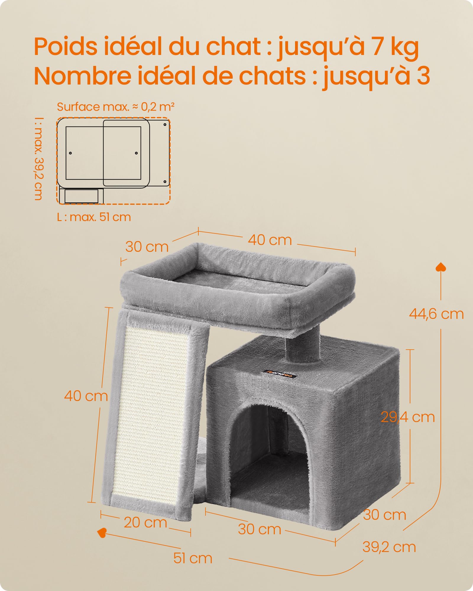 Feandrea Arbre à Chat, Tour de Jeu pour Chats, Condo avec Rampe à Griffer, Grande Plateforme Supérieure, Niche, Hauteur 44,6 cm, Gris Tourterelle PCT010GD01