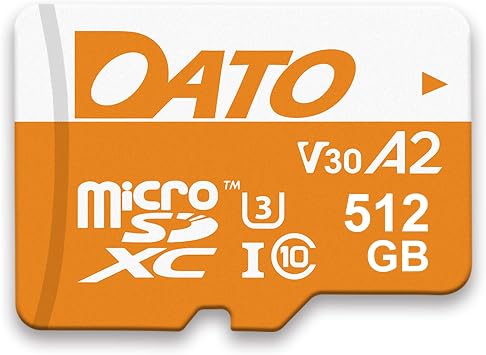 DATO 512GB Advance Plus microSDXC Memory Card w/Adapter, UHS-I, C10, U3, V30, A2, 4K UHD, Up to 160/150 MB/s, for Mobile Phones, Tablets, Gaming Consoles, Cameras, Drones, and Professional Equipment