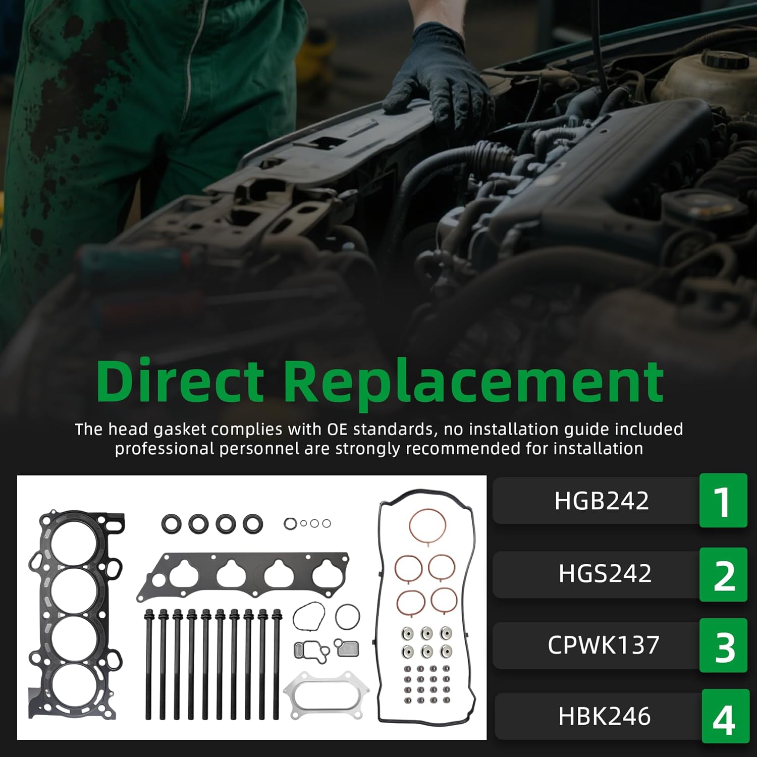 Head Gasket Set with Bolt Kit, for Honda Accord 08-12, for Civic 12-15, for CR-V 10-14, for Crosstour 12-15, for Acura TSX 09-14, for Acura ILX 3-15, 1.5/1.8/2.0/2.4/3.5L