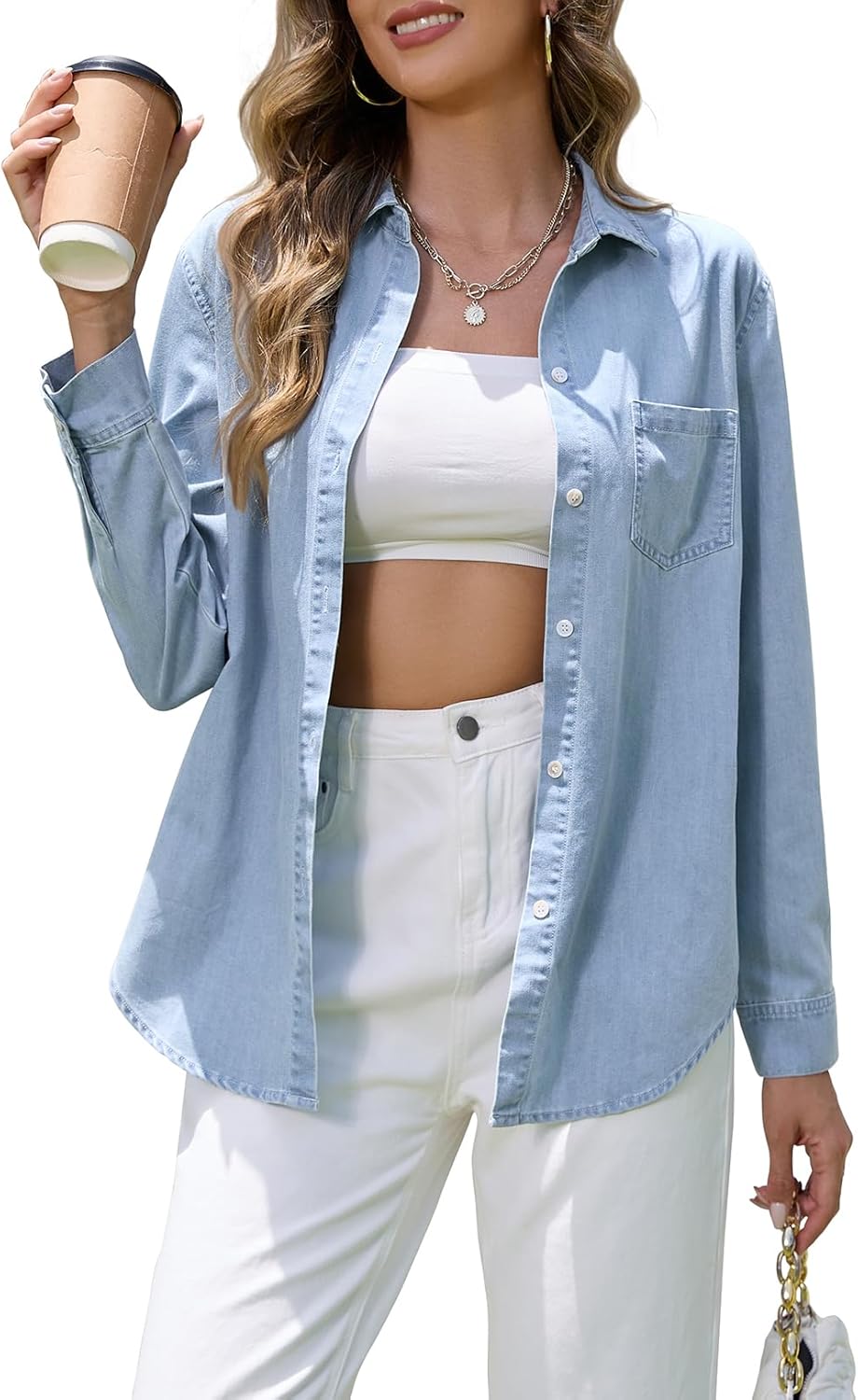 Hersuitful Denim Shirt Women Chambray Western Shirts Casual Long Sleeve Button Down Jean Tops