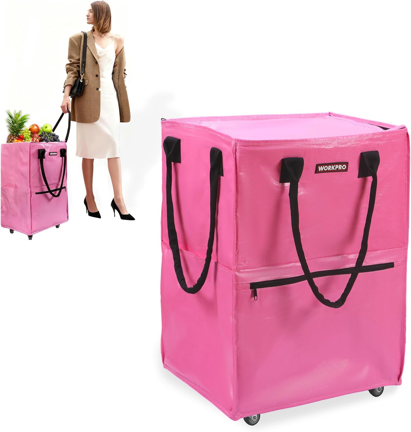 WORKPRO Large Rolling Grocery Bag, 36-Gallon Tote with 5 Wheels, 110 lbs Capacity, Dual Carry, Wide Zipper & Extra Storage for Shopping, Laundry & Moving