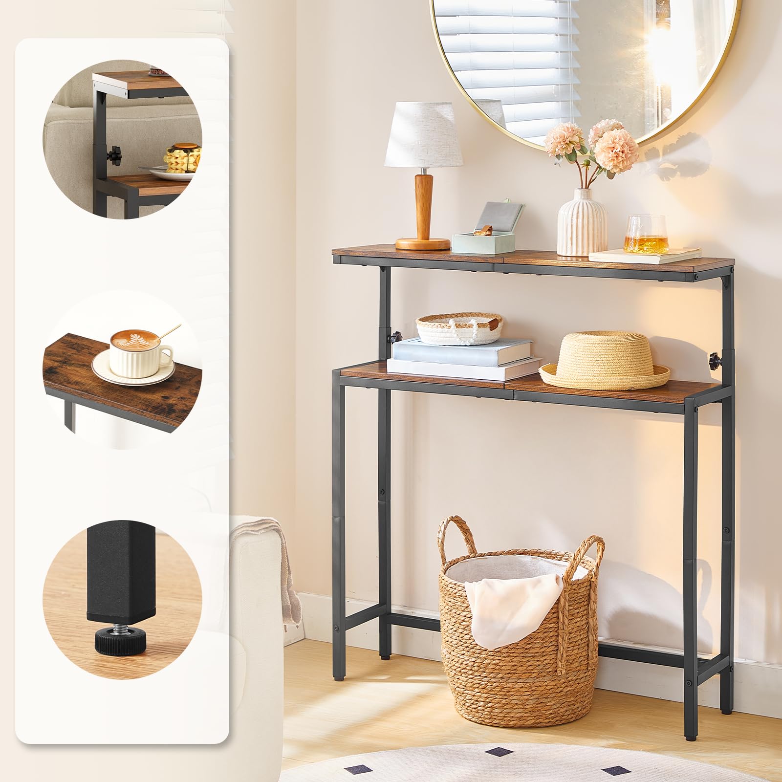 HOOBRO Lot de 2, Table d’Entrée à 2 Niveaux, Table de Canapé de Style Industriel, pour Petits Espaces, Couloir Étroit, Salon, Hauteur Réglable de 80 à 100 cm, Marron Rustique et Noir EBF96XGP201