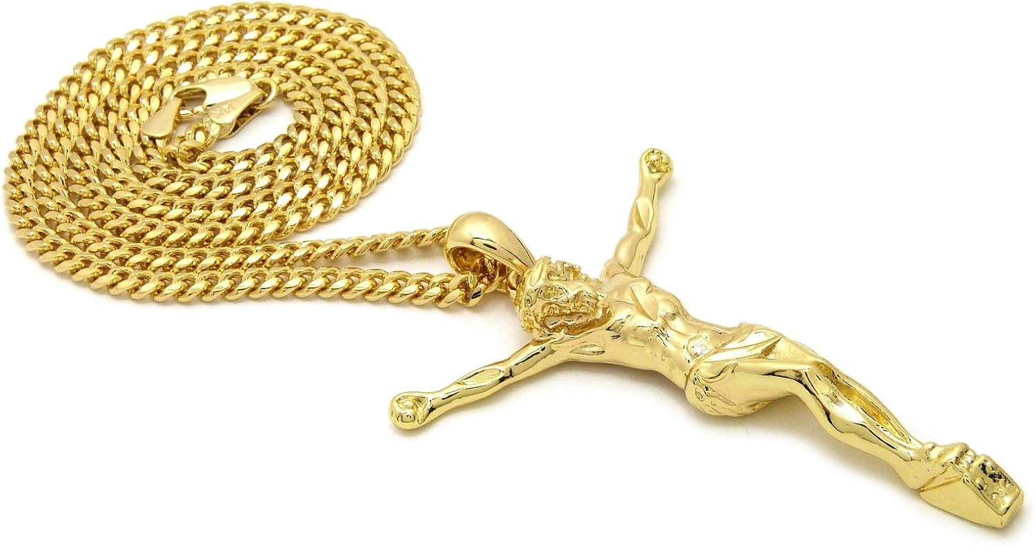 CBC Crown Jesus Cross Crucifix Pendant Necklace in Box, Cuban, Rope Chain Necklace in Gold Tone