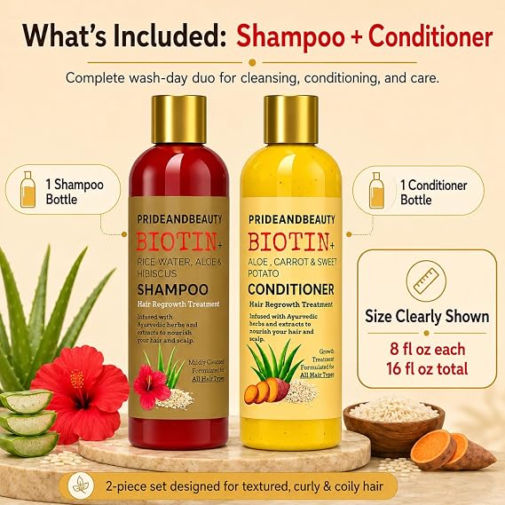 PrideandBeauty Rice Water Shampoo and Conditioner Set with Biotin, Hibiscus & Aloe Vera Sulfate-Free Wash Day Duo for Dry, Curly, Textured & Thinning-Looking Hair Helps Reduce Breakage
