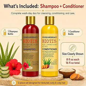 PrideandBeauty Rice Water Shampoo and Conditioner Set with Biotin, Hibiscus & Aloe Vera Sulfate-Free Wash Day Duo for Dry, Curly, Textured & Thinning-Looking Hair Helps Reduce Breakage