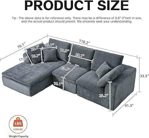 Miniatura 2 de KEIKI Sofá modular en forma de L de 110 pulgadas con diván, moderno sofá modular de felpilla para salas de entretenimiento, sofá cama comprimido