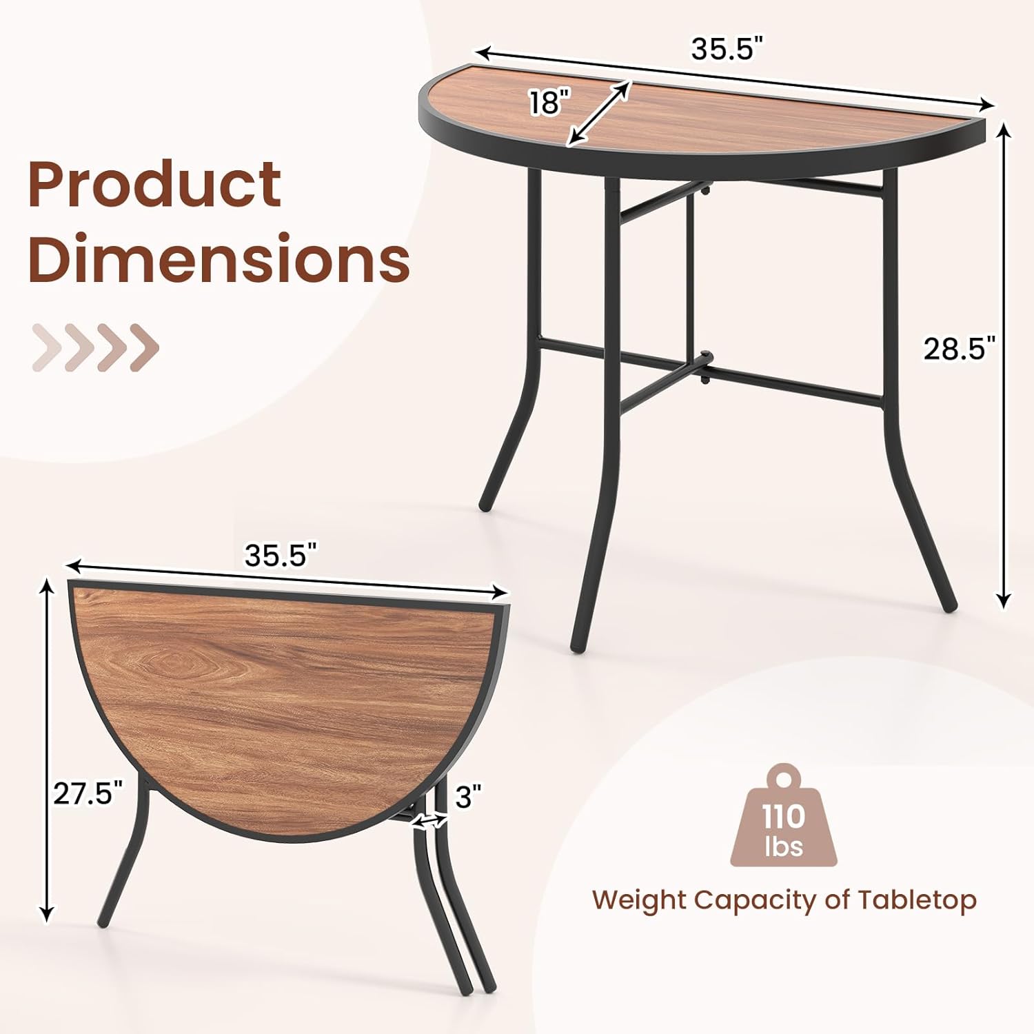 Giantex Half Round Folding Table, Half Moon Dining Table with Heavy-Duty Metal Frame, Portable Space-Saving Semi-Circle Bistro Table for Banquet Event Patio Garden Entryway (1)