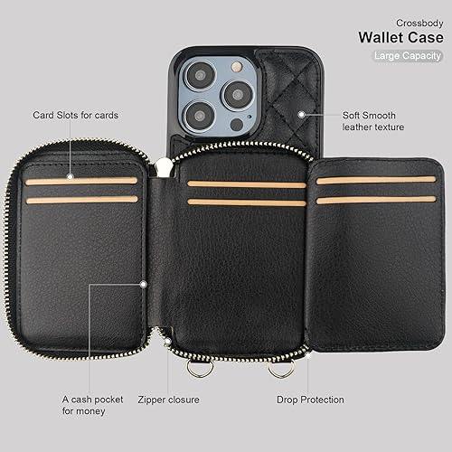 Miniatura 7 de Bocasal Funda tipo cartera cruzada para iPhone 14 Pro Max, con bloqueo RFID, de piel sintética, con cremallera, funda tipo cartera con función atril