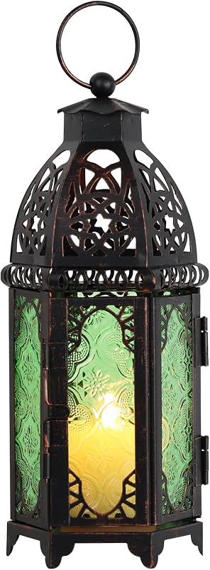NEEDOMO Farol marroquí colgante, portavelas vintage de 11.0 in, farolillos de metal decorativos para interiores y exteriores, mesa, patio, porche, estante, decoración gótica del hogar (verde, tamaño mediano)
