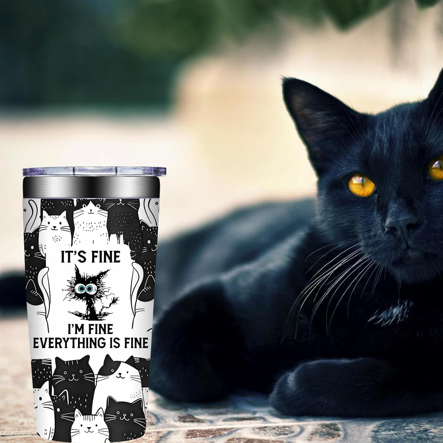 Grifarny Cat Lover Gifts for Women - Christmas, Birthday Gift for Cats Lovers - Black Cat Gifts - It's Fine I'm Fine Everything Fines Cat Tumbler Mug 20 oz - Image 5