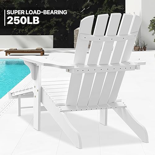 Miniatura 5 de MoNiBloom Juego de 2 sillas Adirondack blancas con otomana retráctil, cómodas sillas de madera de abeto para todo tipo de clima, para patio trasero,