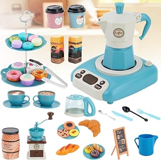 Kinder Spielzeug Kaffeemaschine mit Licht,Ton & Dampf,Kleinkind Küchenspielzeug mit Nachmittagstee Set, Küchenzubehör Spielset,Geschenk für Jungen & Mädchen ab 3 Jahren