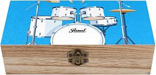 Blue Background Drums Wooden Keepsake Box Wood Storage Memory Box | Decorative Storage Box with Hinged Lid for Photos, Letters, Jewelry, Crafts, Wedding, Everyday Organization, Pet Memorials