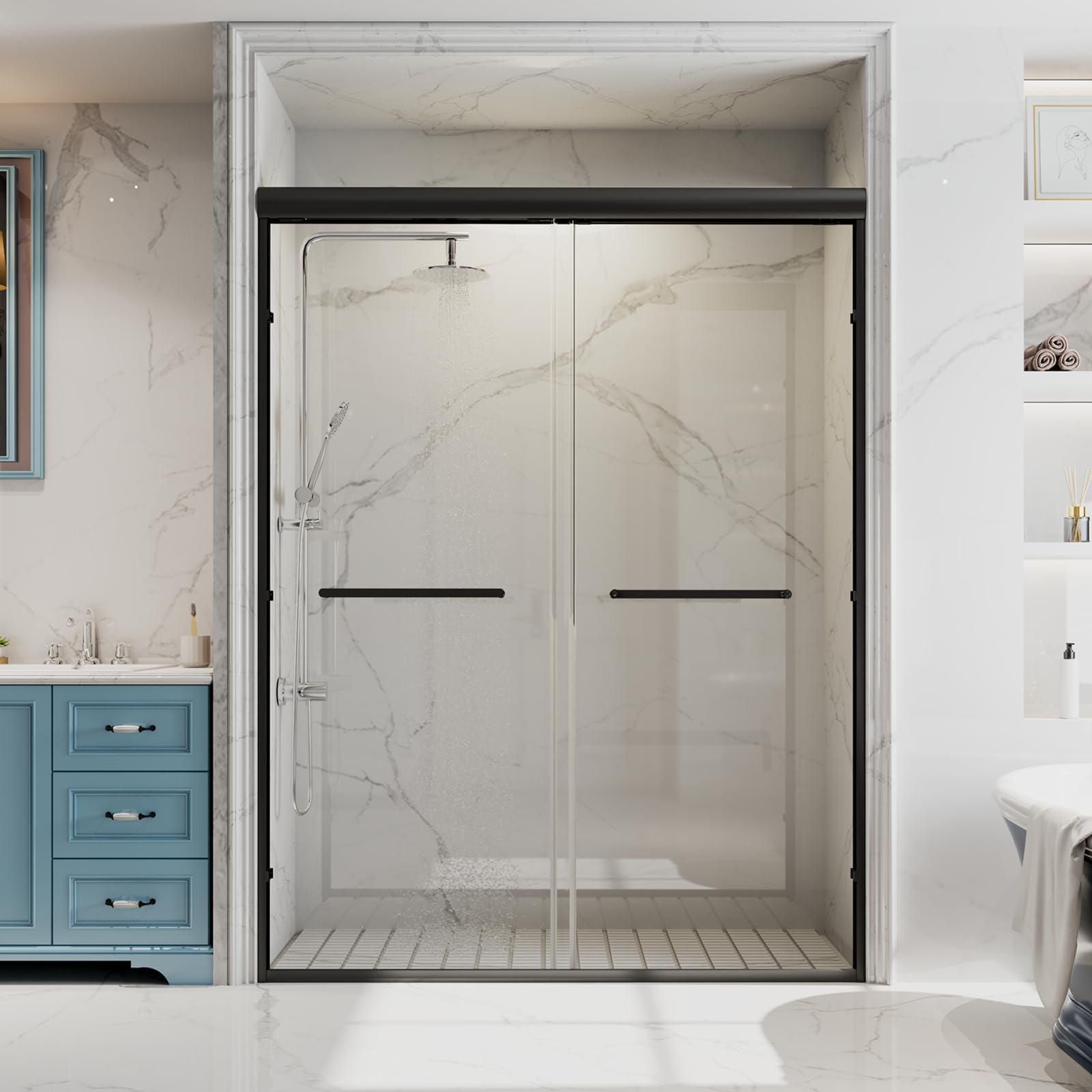 Glass Shower Doors, 50" - 54" W x 72" H Double Sliding Shower Door, Aluminum Semi-Frameless & 1/4"(6mm) Clear Tempered Glass Bypass Shower Door for Walk in Shower, Bathroom, Matte Black
