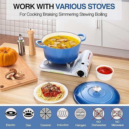 Miniatura 4 de P&P CHEF - Horno holandés esmaltado de 6 cuartos de galón con tapa, olla de horno holandés de hierro fundido, olla redonda esmaltada para estofar,