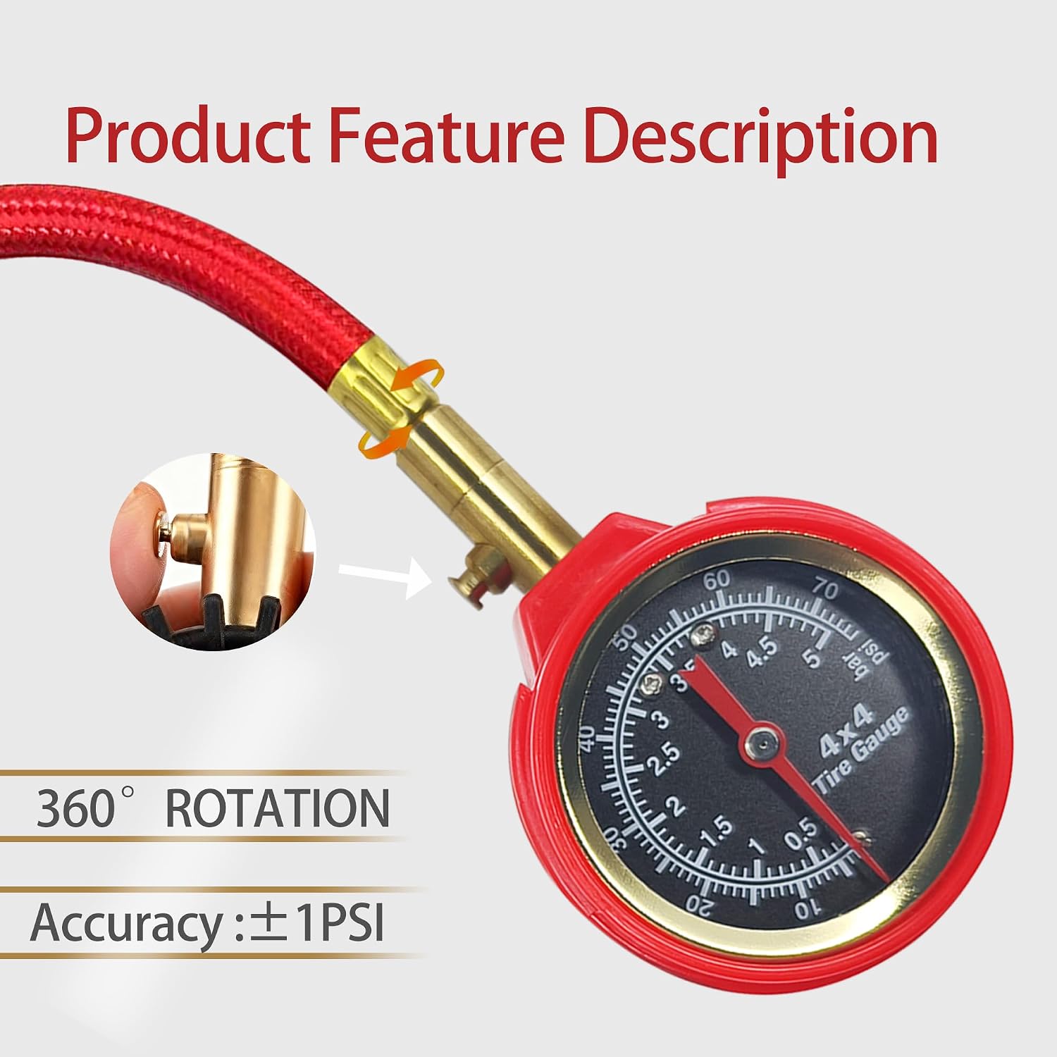 SUVCARMPING 70 PSI Tire Pressure Gauge, ±1% Accuracy Pro-Grade Mechanical Air Pressure Gauge with Dual-Scale Dial, Heavy Duty Brass Valve, 4-Way Tool & Valve Caps/Cores Kit for Cars, Trucks, RVs