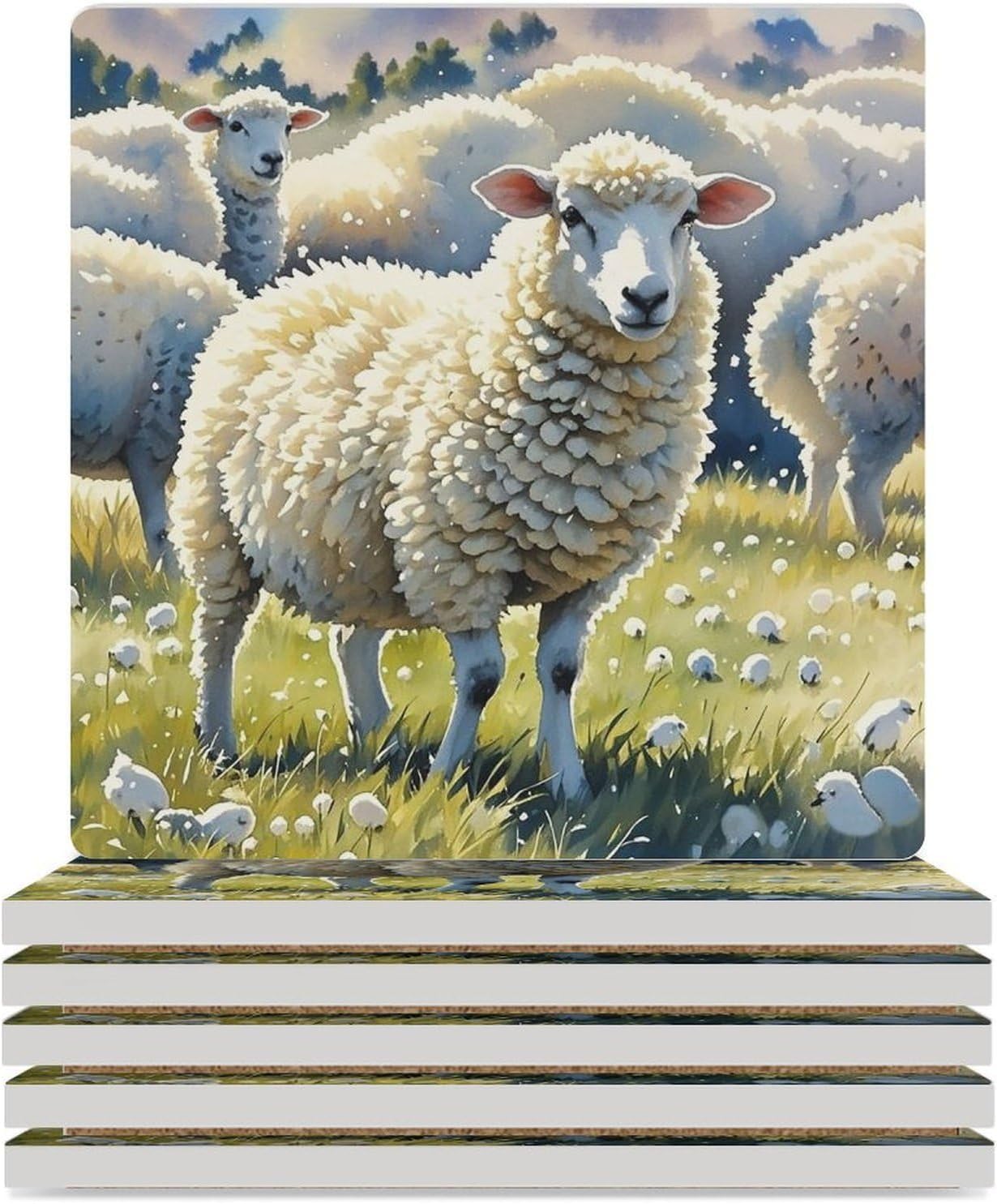 Sheeps Watercolor Coasters Absorbent Ceramic Coasters for Drinks Coaster with Cork Backing for Table Protection Square Drink Cup Mat Modern Style Coaster for Coffee Table