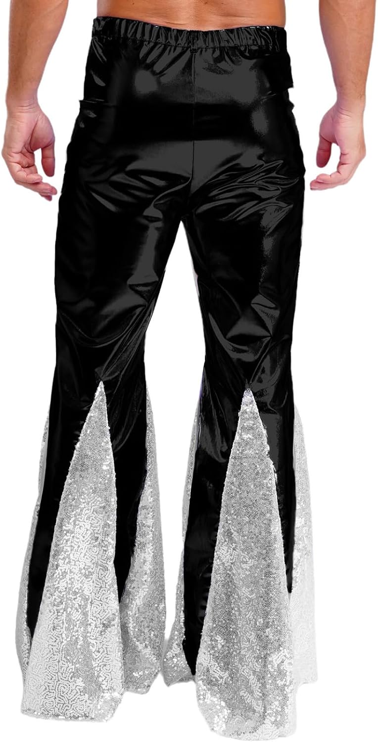Jelory Mens Sparkling Metallic Disco Pants Groovy Bell Bottom Style Costume Accessory for Halloween and Cosplay