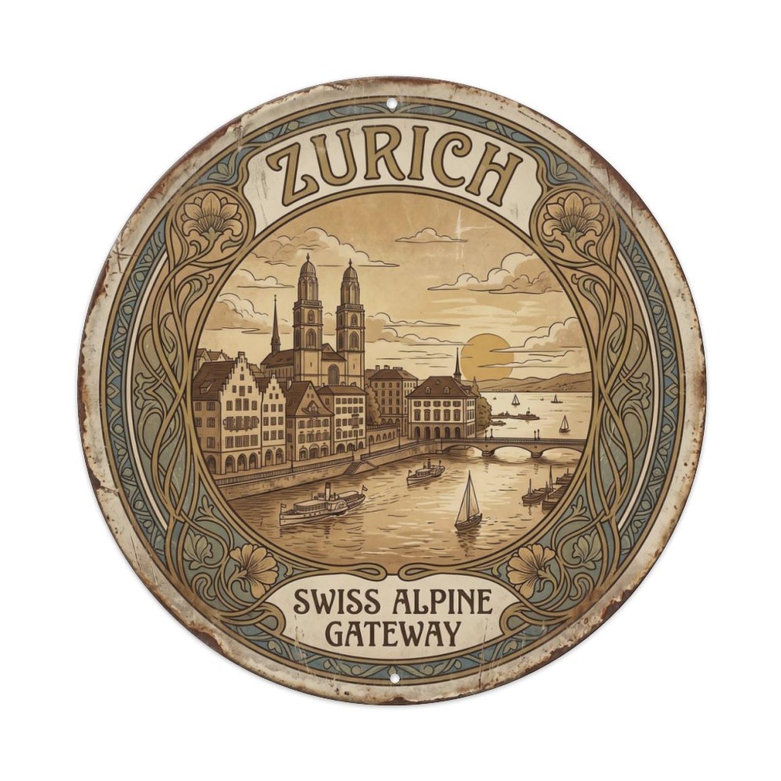 Vintage Travel Zurich Switzerland Alpine Metal Tin Sign Plaque Wall Decor for Cafe, Club Bar, Office, Home Garden Round Metal Poster 8x8Inch