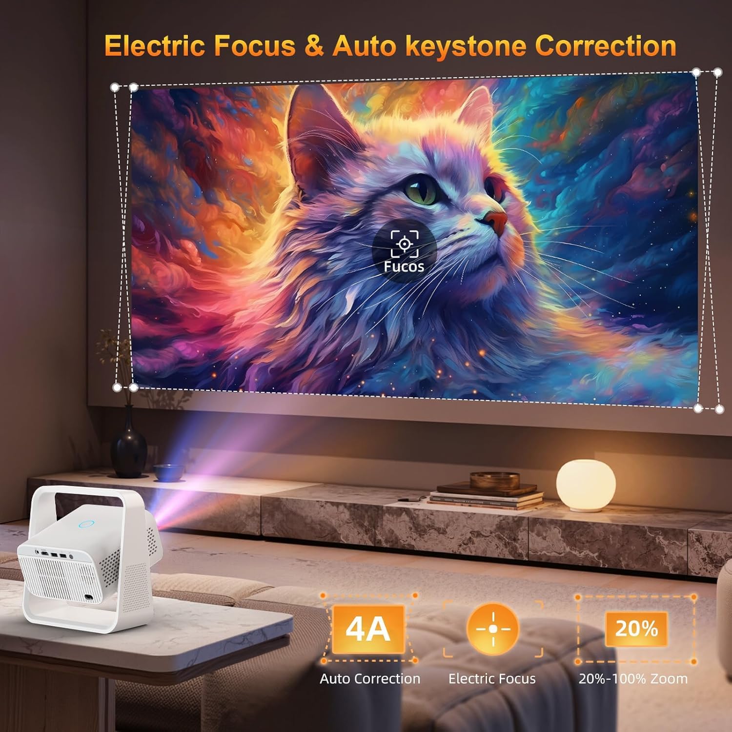 Proiettore intelligente con WiFi6 e Bluetooth5.2, 2000ANSI, app integrate, supporto 4K, proiettore di film all'aperto 1080P nativo, Keystone automatico e supporto a 360°, Proyector portatile per home