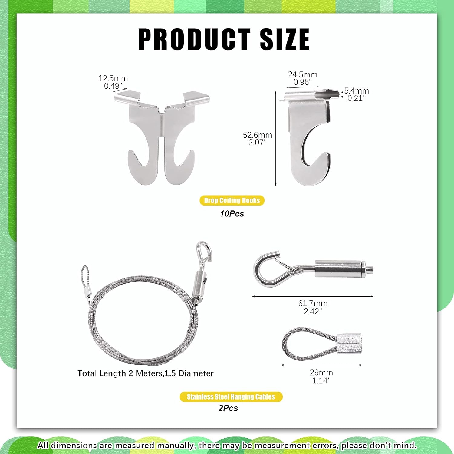 12 Pcs Heavy Duty Drop Ceiling Hooks and Hanging Rope Wire, Stainless Steel Frame Hanger Rope with Loop and Hook and Metal T-Bar Tile Hooks for Hanging Plants Signs Lights and More