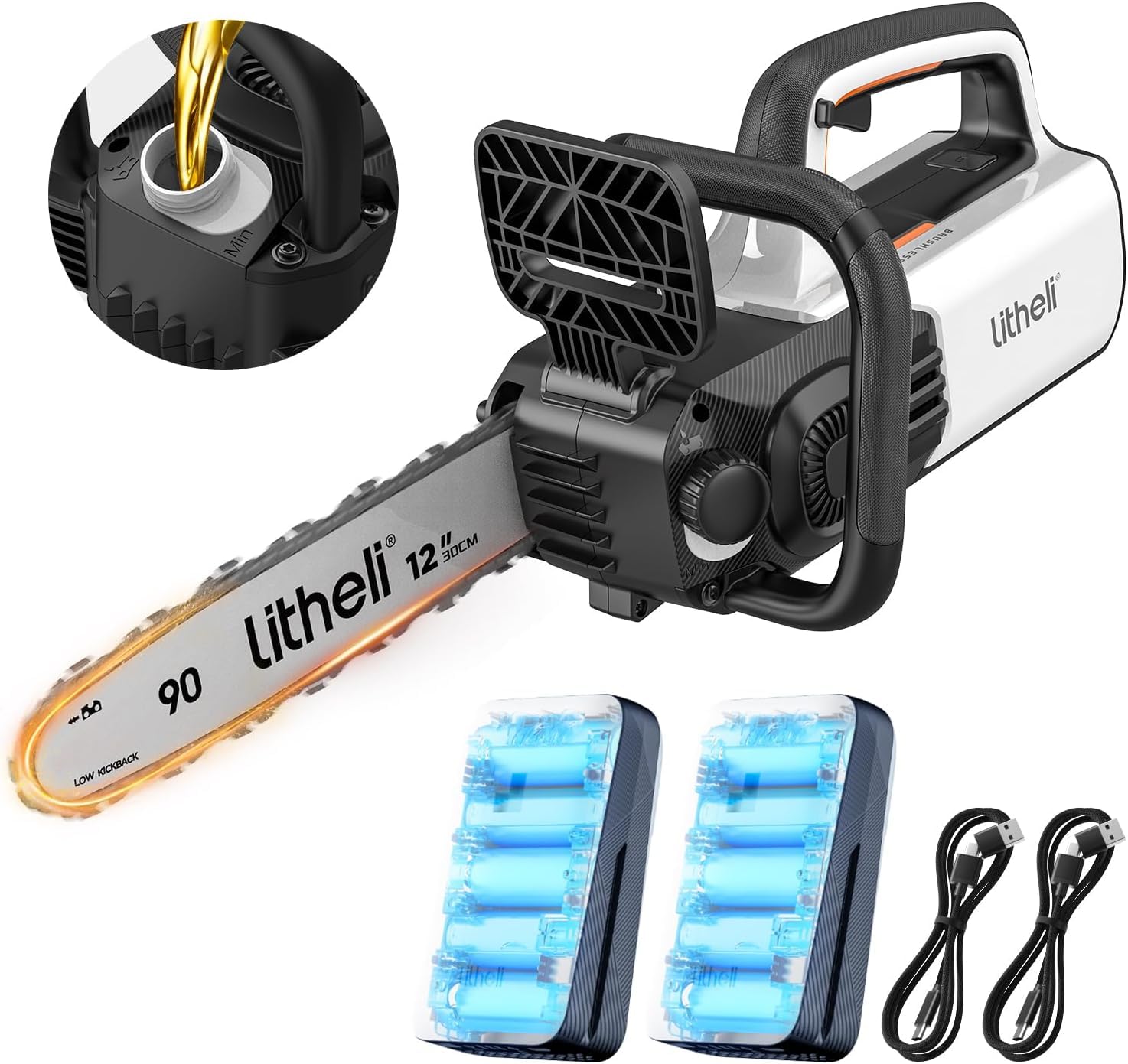 Litheli Motosega a Batteria per Potatura, Motosega Elettrica a Batteria Brushless da 30cm, Lubrificazione Automatica, Sicurezza Design per il Taglio Del Legno e Giardini