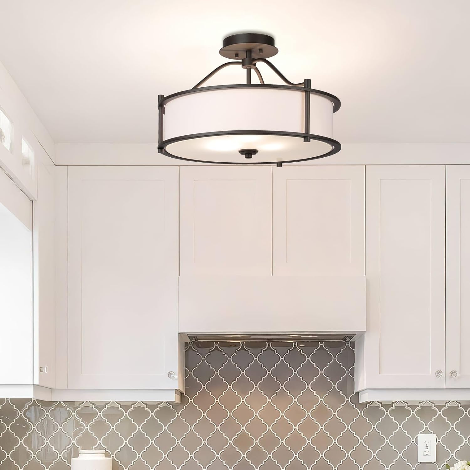 XiNBEi Lighting Semi Flush Mount Ceiling Light 18 Inch 3 Light Close to Ceiling Light with Fabric Shade and Frost Glass Diffuser in Dark Bronze Drum Semi Flush Light XB-SF1199-DB