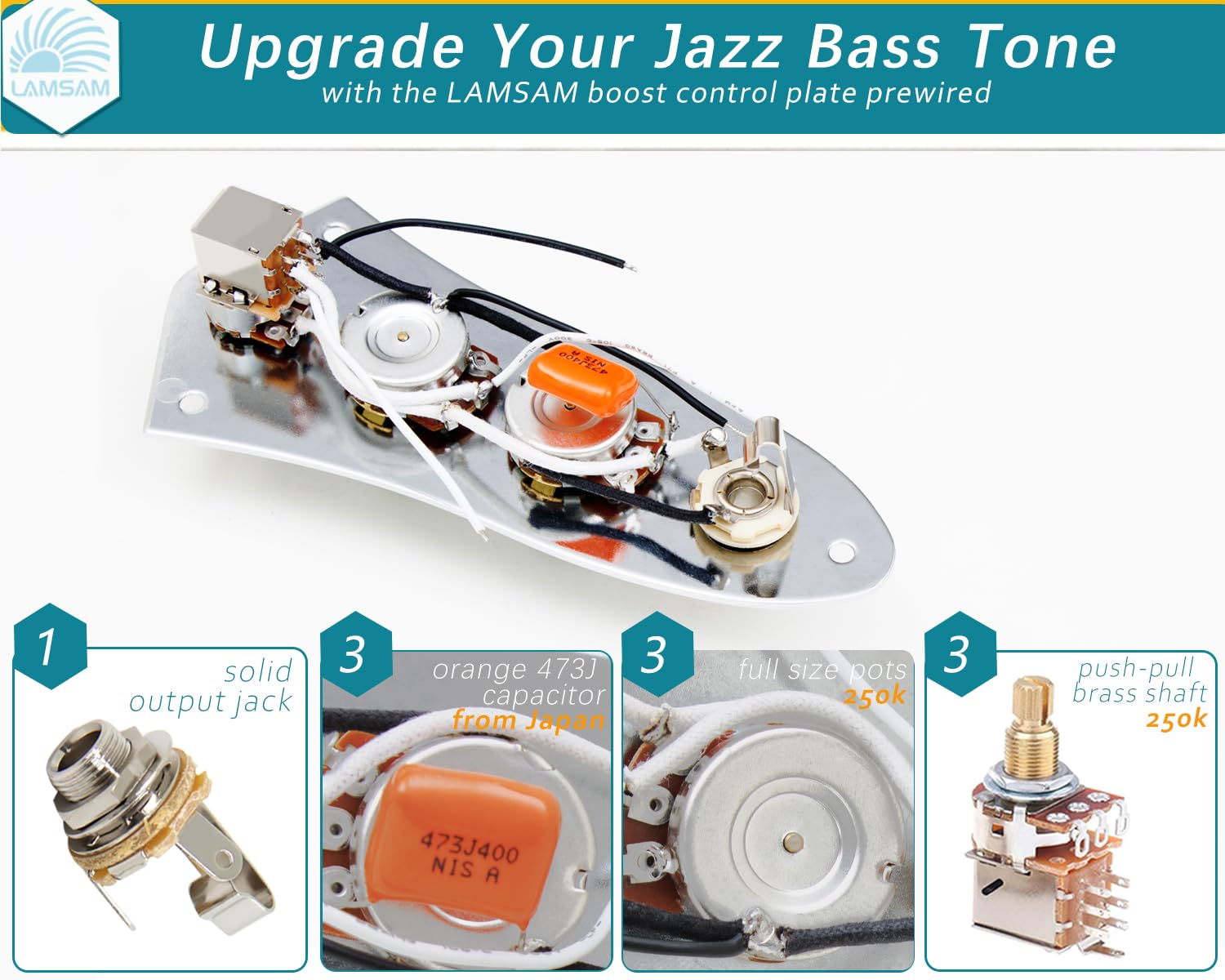 Placa de control precableada para bajo jazz, placa de control de bajo J cargada con arnés de cableado, potenciómetros de empuje y tracción, conector de salida de contacto completo, como piezas