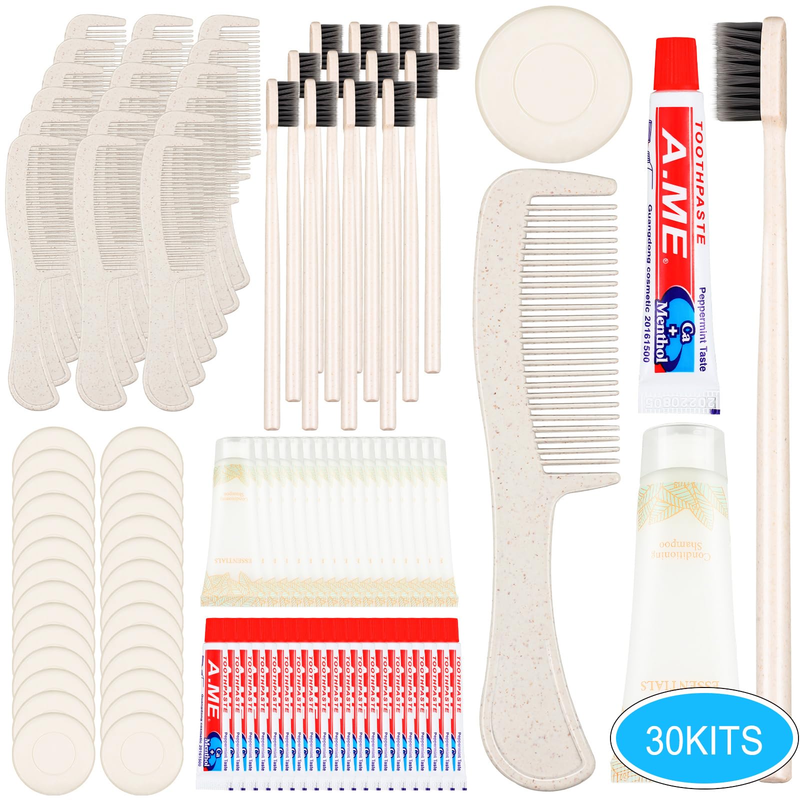 Panitay 30 kits de aseo desechable de viaje, kit de higiene de hotel desechable a granel, cepillo de dientes desechable a granel, incluye pasta de dientes, peine y jabón para viajes, hotel, refugio