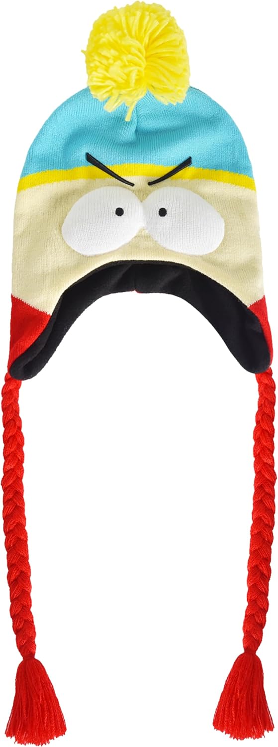 South Park Beanie Hat, Eric Cartman Peruvian Winter Knit Cap with Pom and Tassels