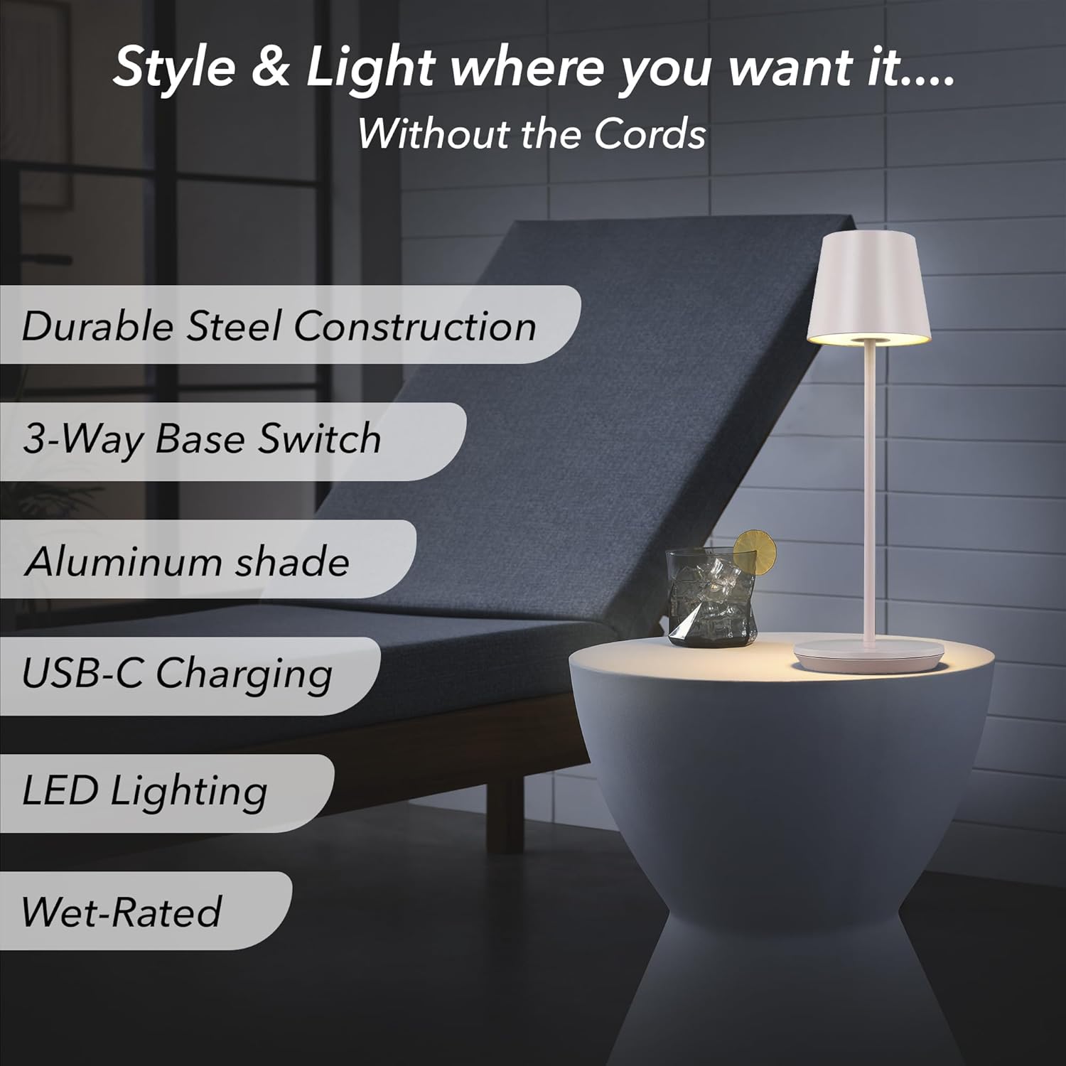 Generation Lighting Mena Accent Rechargeable Table Lamp – 14.5” Pale Pink Steel Lamp with 3-Way Base Switch, 2.4W Up/Down LED at 2700K, 260 Lumens, USB-C, Wet Rated (8000701-137)