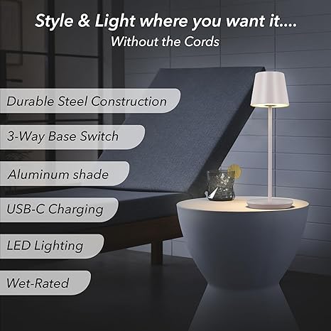 Generation Lighting Mena Accent Rechargeable Table Lamp – 14.5” Pale Pink Steel Lamp with 3-Way Base Switch, 2.4W Up/Down LED at 2700K, 260 Lumens, USB-C, Wet Rated (8000701-137) photo 2