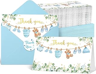 50 Pack Baby Shower Thank You Cards with Envelopes Stickers Boy Baby Shower Greeting Cards Blue Baby Blank Note Cards for Baby Shower Party Supplies, 4 x 6 Inch