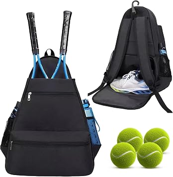 Tennis Backpack, Large Capacity Racket Bags Unisex with Shoe Compartment and Multi-Pocket Holds Tennis Rackets Pickleball Rackets Badminton Rackets Squash Rackets Balls and Shoes