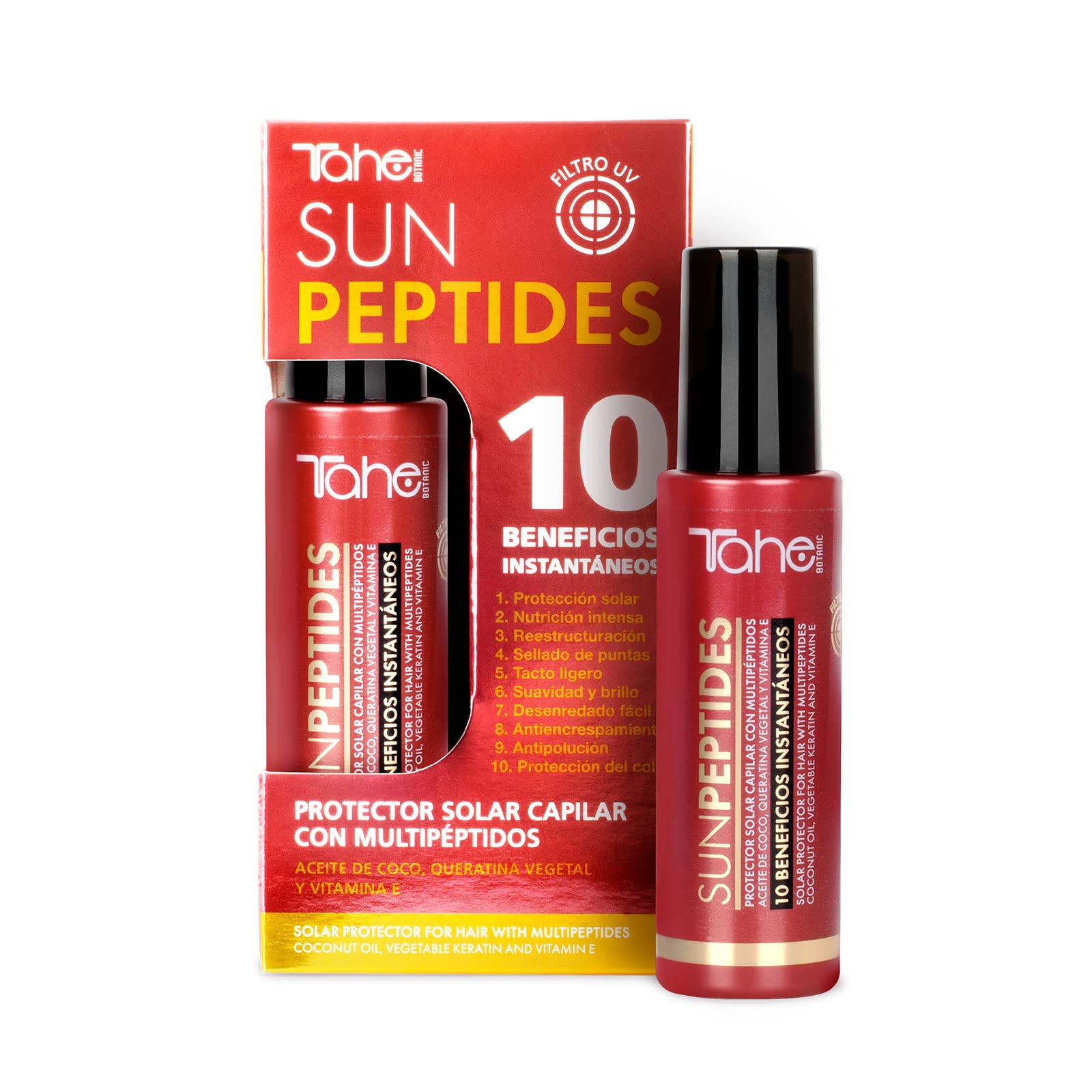Tahe Botanic Solar Protector Solar Capilar Sun Peptides con Multipéptidos, Aceite de Coco, Queratina vegetal y Vitamina E, 100 ml