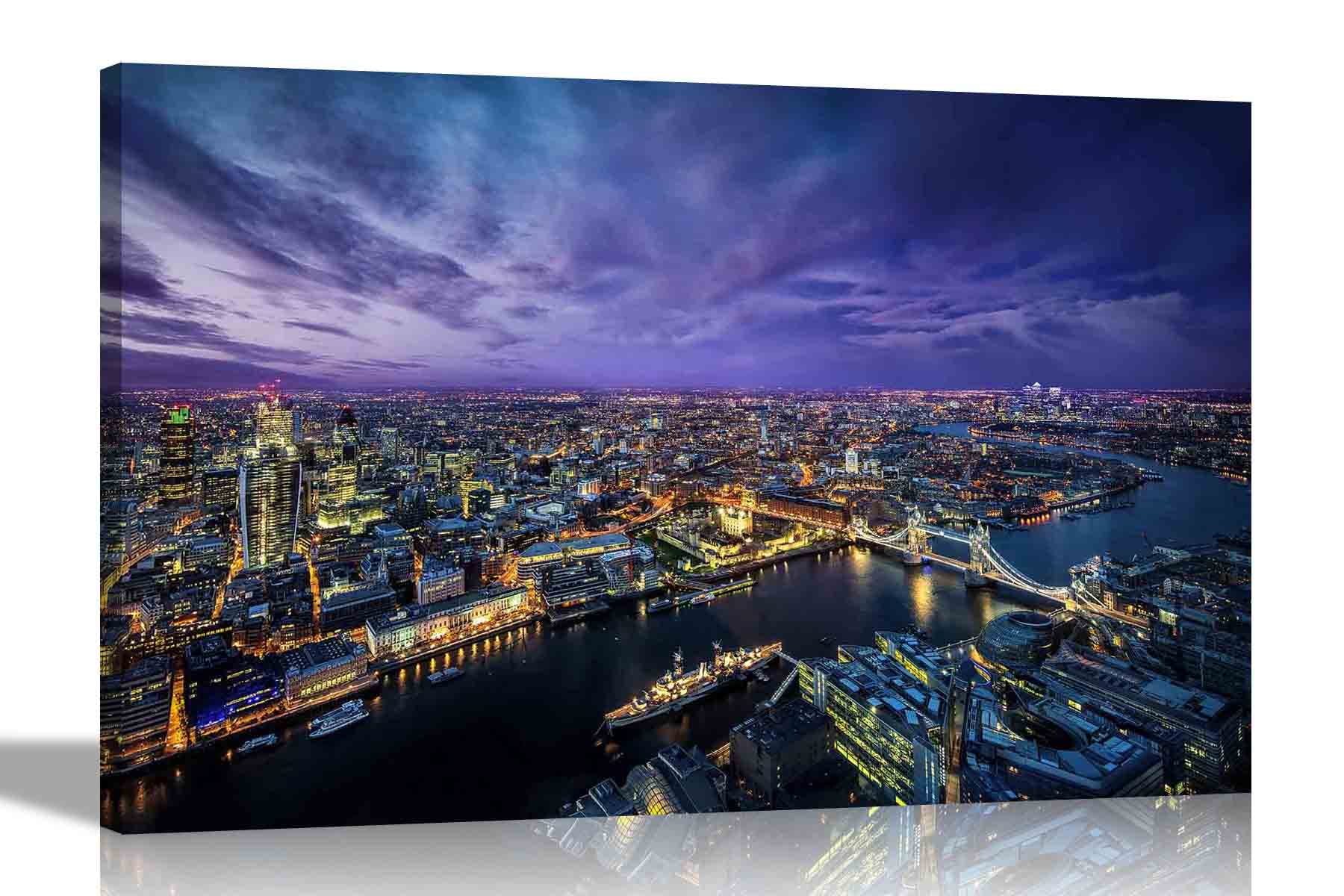 Artley Prints Multicoloured Aerial View London At Night Canvas Prints Wall Art Pictures Framed Hanging Stretched Bedroom Modern Artwork Home Livingroom Office60 X 40Cm (24 X 16 Inches) A2