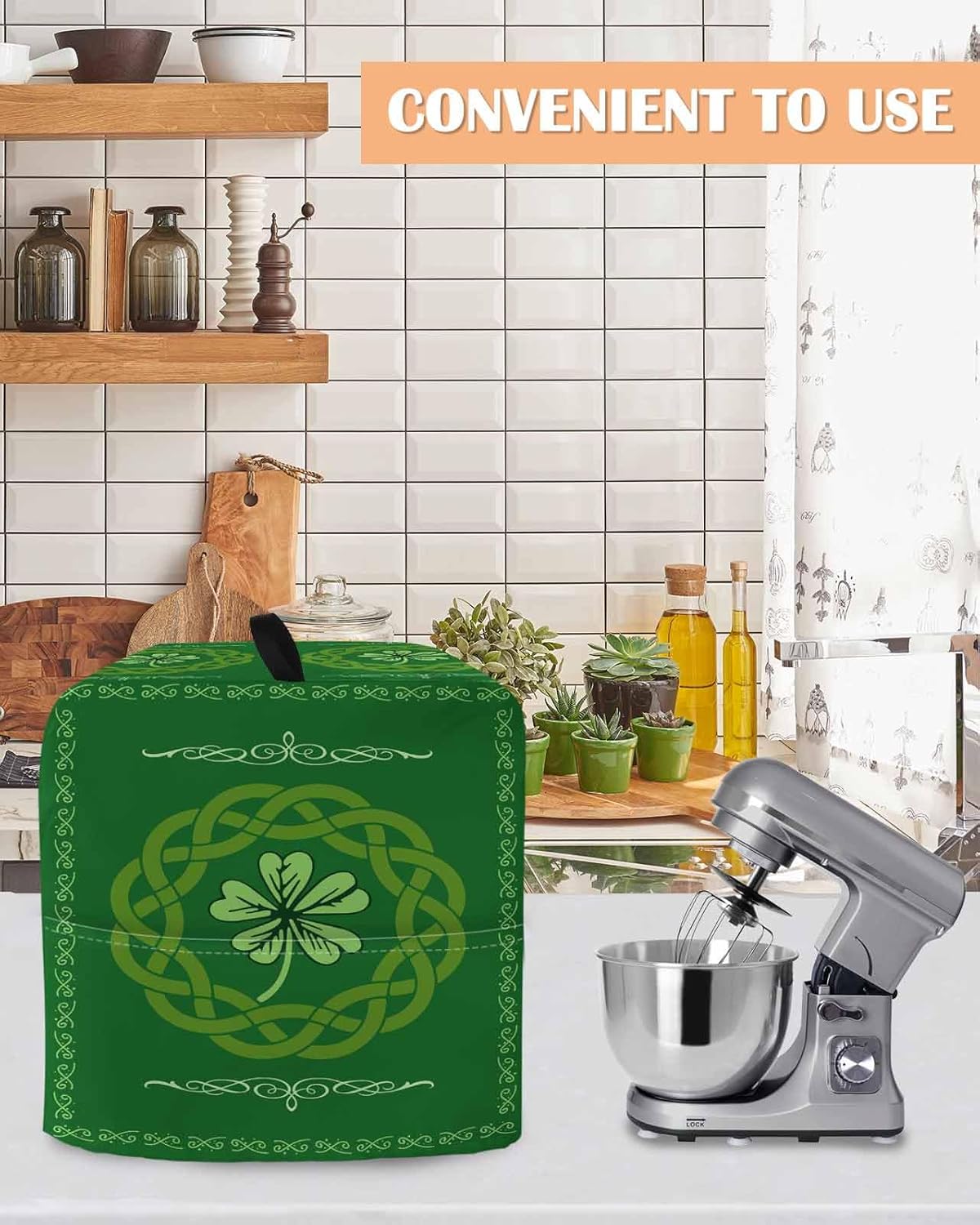 St. Patrick's Day Stand Mixer Cover with Storage Pocket, Waterproof Kitchen Mixer Covers, Green Country Lucky Leaves Chic Border Kitchen Appliance Dust Cover Compatible with 4/4.5 Quart Mixers