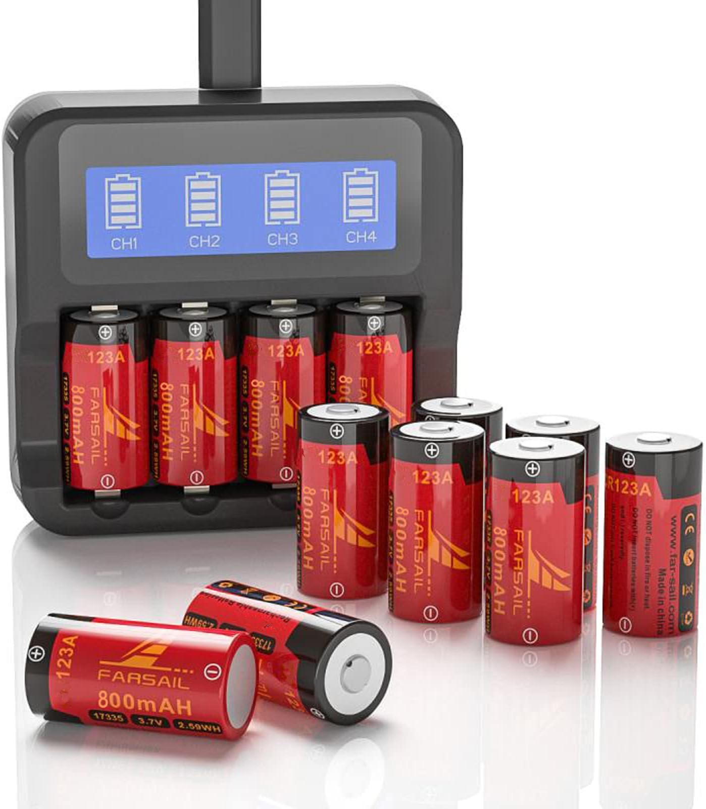 CR123A Lithium Batteries, FARSAIL 8-Pack 3.7V 800mAH 123A Rechargeable Batteries and Charger for Arlo VMS3130 VMC3030 3200 3330 3430 3530 Security Cameras, Alarm System, Flashlight