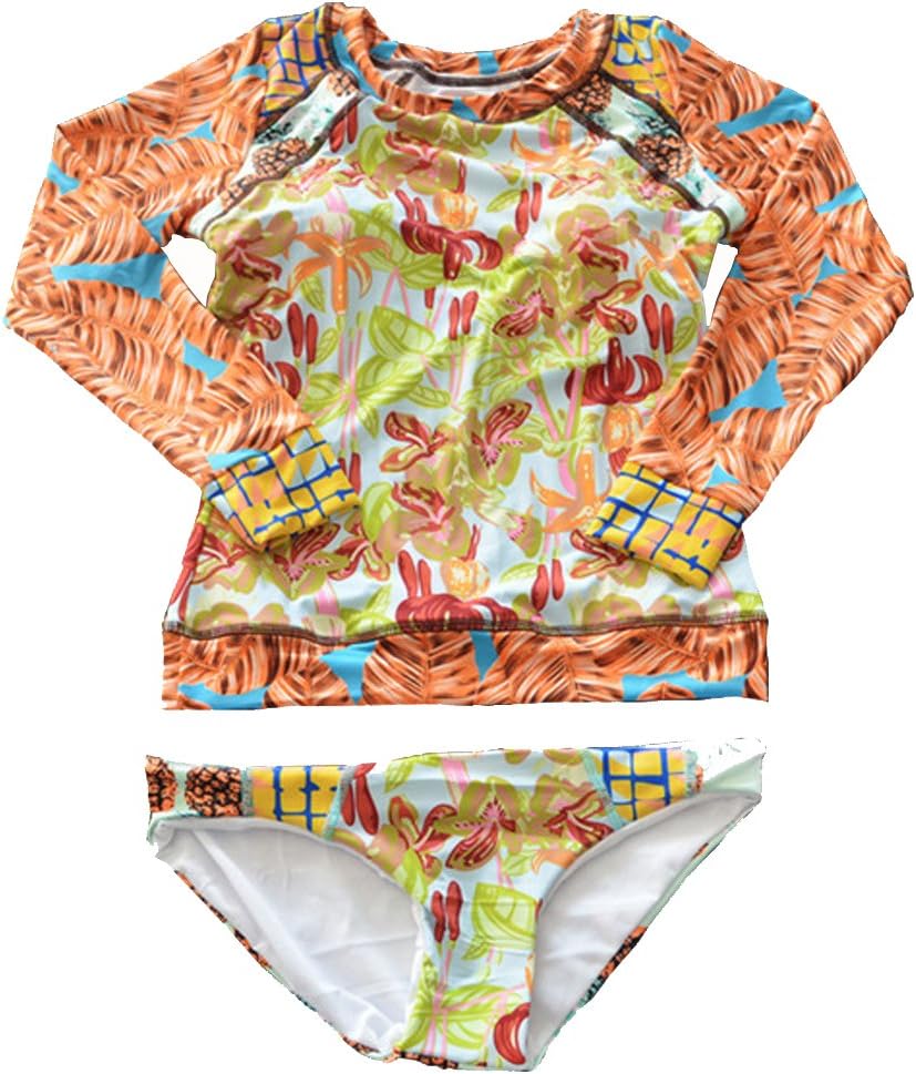 Women's Flower Print UV Sun Protective Long Sleeve 2 Piece Swimsuit Rashguard