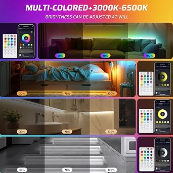 15M RGBWW+IC LED Strip Lights,24V Dimmable Multi-Colored+3000K-6500K Warm White-Cool White LED Lights with Remote & APP,Music Sync DIY Tape Lights,Self-Adhesive Flexible Strip Lighting for Home Stair