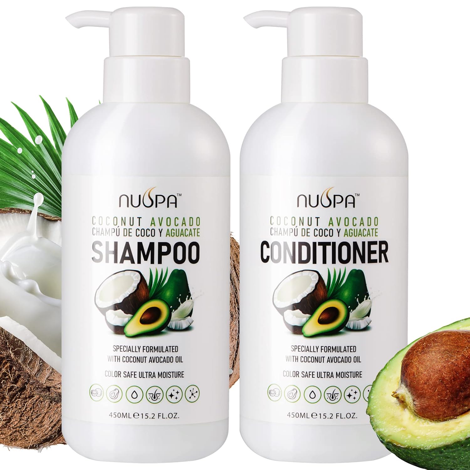Nuspa Coconut Avocado Shampoo and Conditioner Sets,Color Safe Ultra Moisture Sulfate Free Shampoo and Conditioner pack for all hair types, Moisturizing, Nourishing, Smoothing, Locks Moisture, Natural