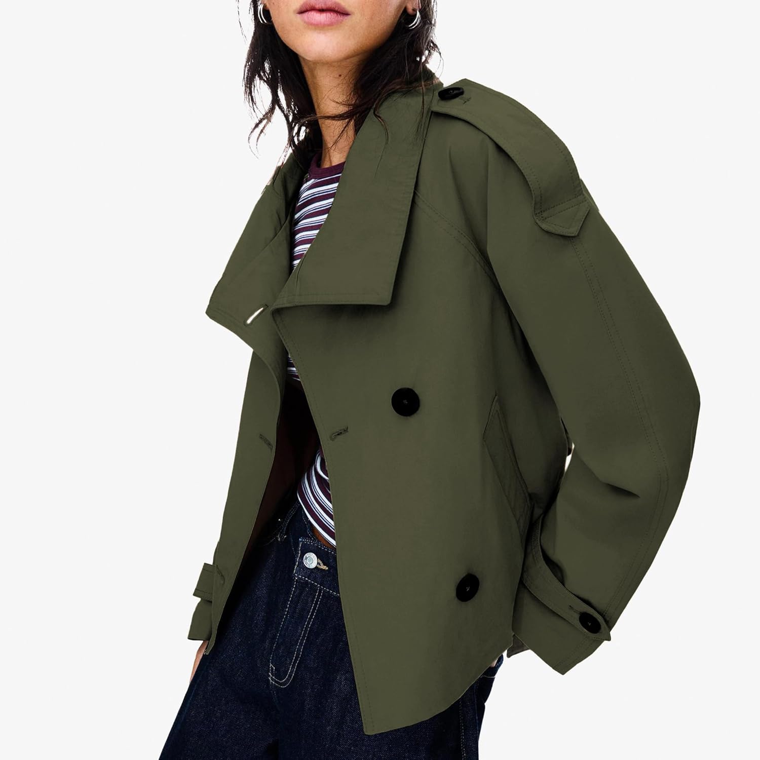 Women's Cropped Trench Coat Double Breasted Short Jacket High Collar Fall Winter Coats Trendy Outfit with Belt - Image 3