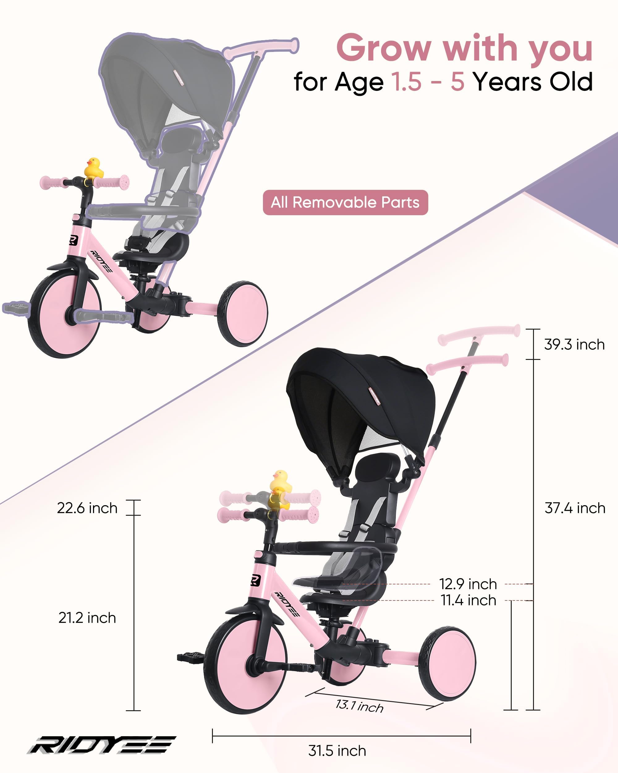 Triciclo 8 en 1 para 1.5-5 años, interruptor sin herramientas, triciclo para niños pequeños con mango de control de dirección para padres de 1.5 a 5 años, triciclo para niños pequeños de 1.5 a 7