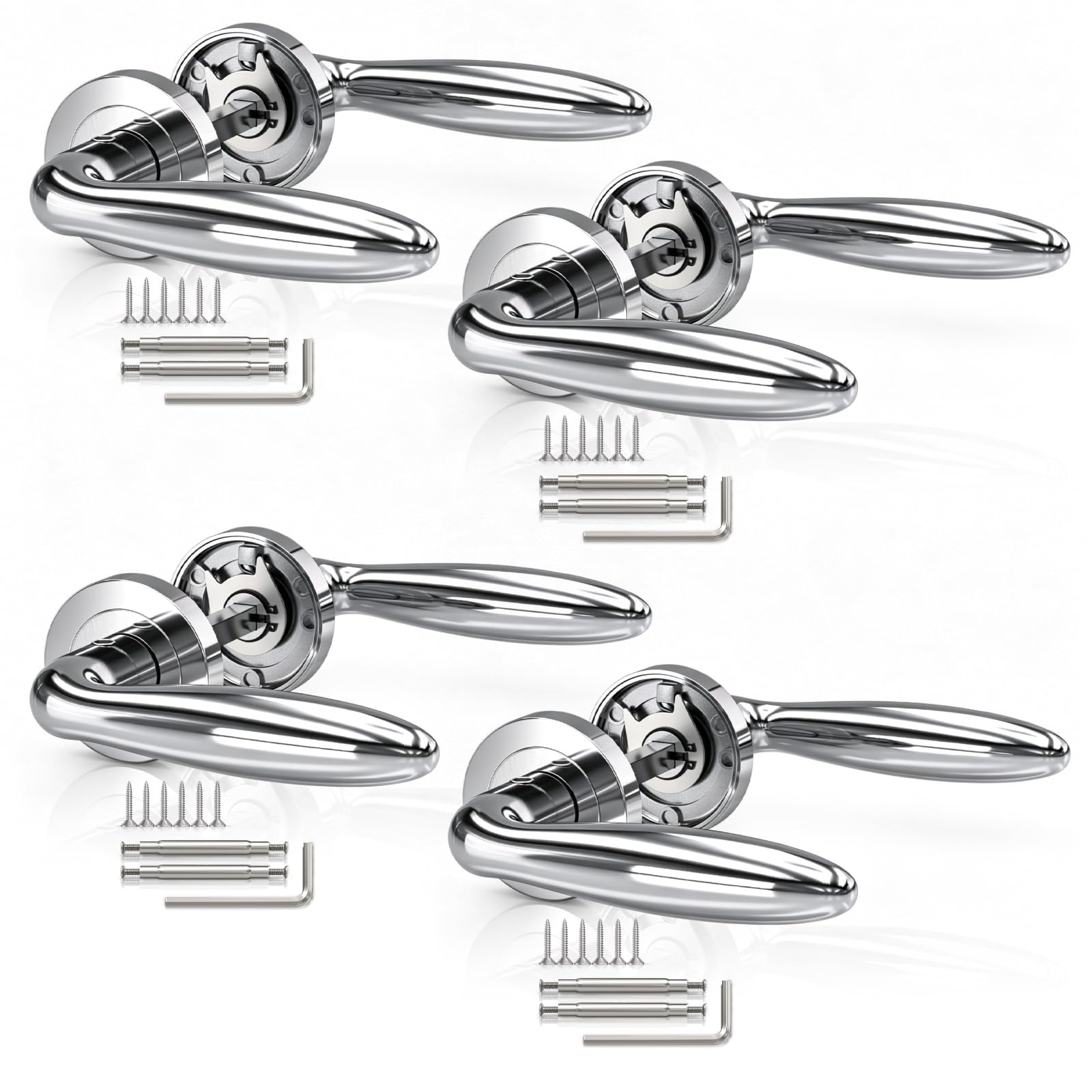 Bwintech 4 Sets Polished Chrome Elegant Aluminium Lever Handle On Rose,Internal Door Handle Without Escutcheon