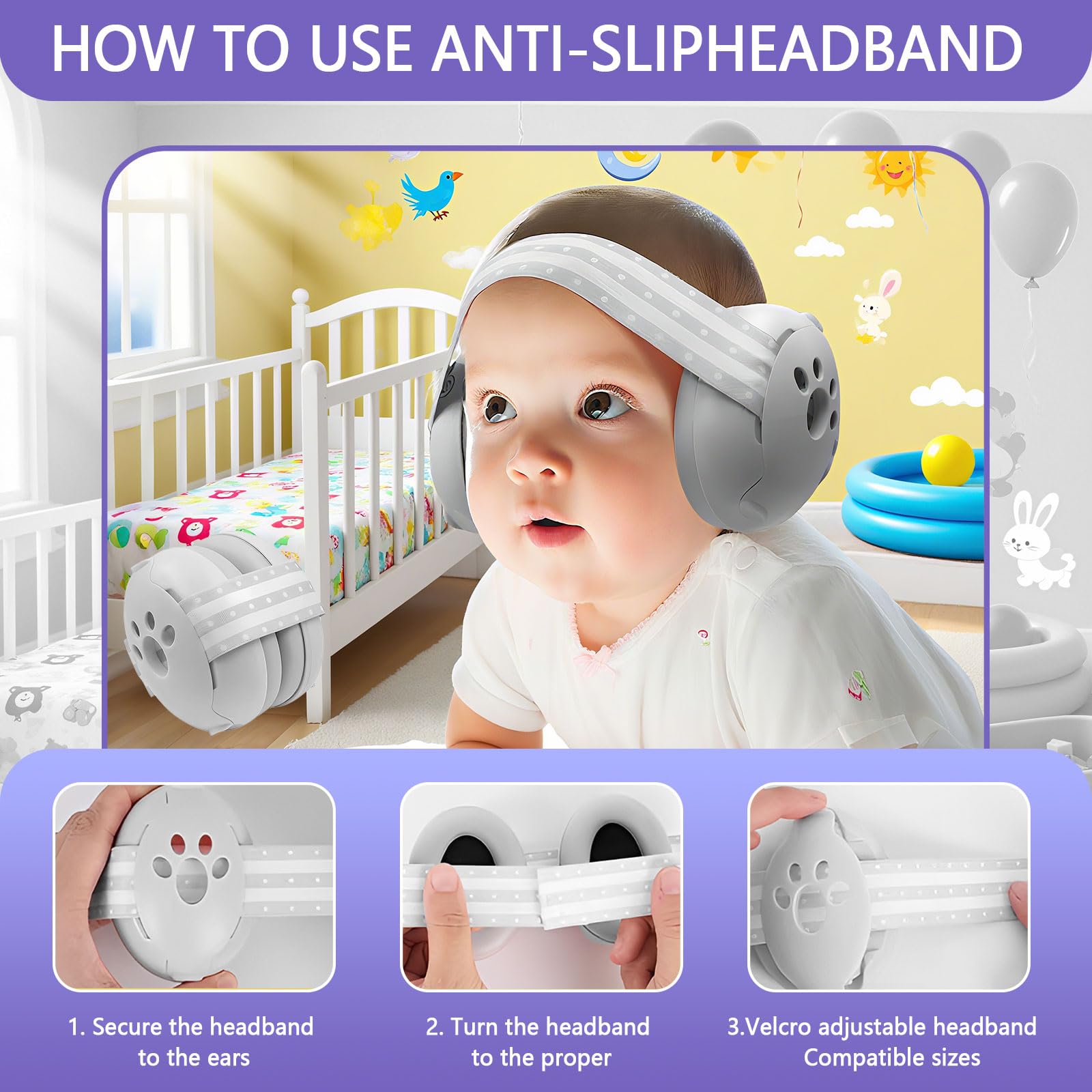 2 in 1 Cuffie Neonato Antirumore Protettori Acustici per Neonati Archetto Regolabile Antiscivolo e Antistress Protezione Acustica Ideale per Neonati Fino a 48 Mesi