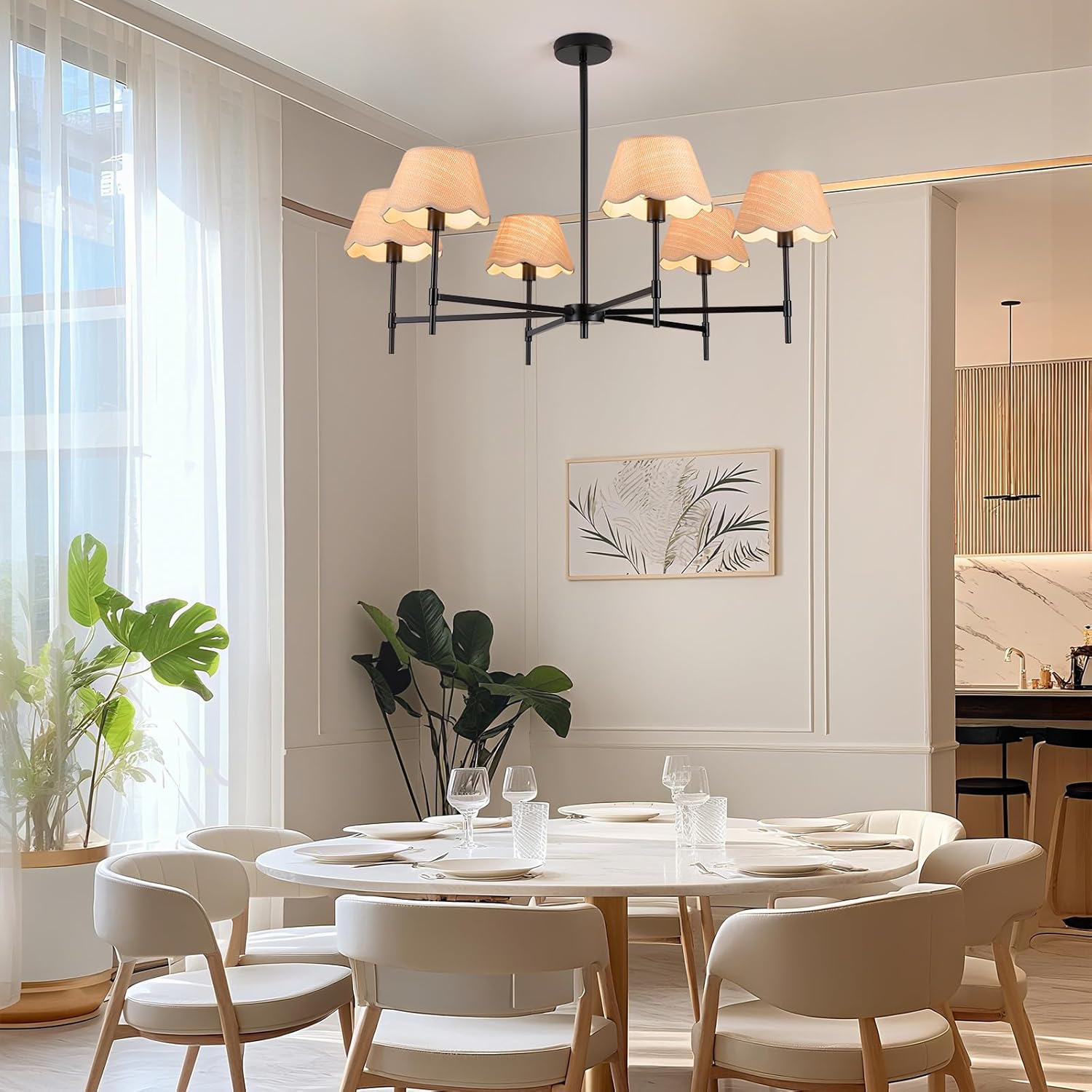 Refice 39''Adjustable Rattan Chandeliers 6-Light Boho Chandeliers for Dining Room Farmhouse Rustic Coastal Large Pendant Lights for Kitchen Island Dining Living Room, Black, E12 Base