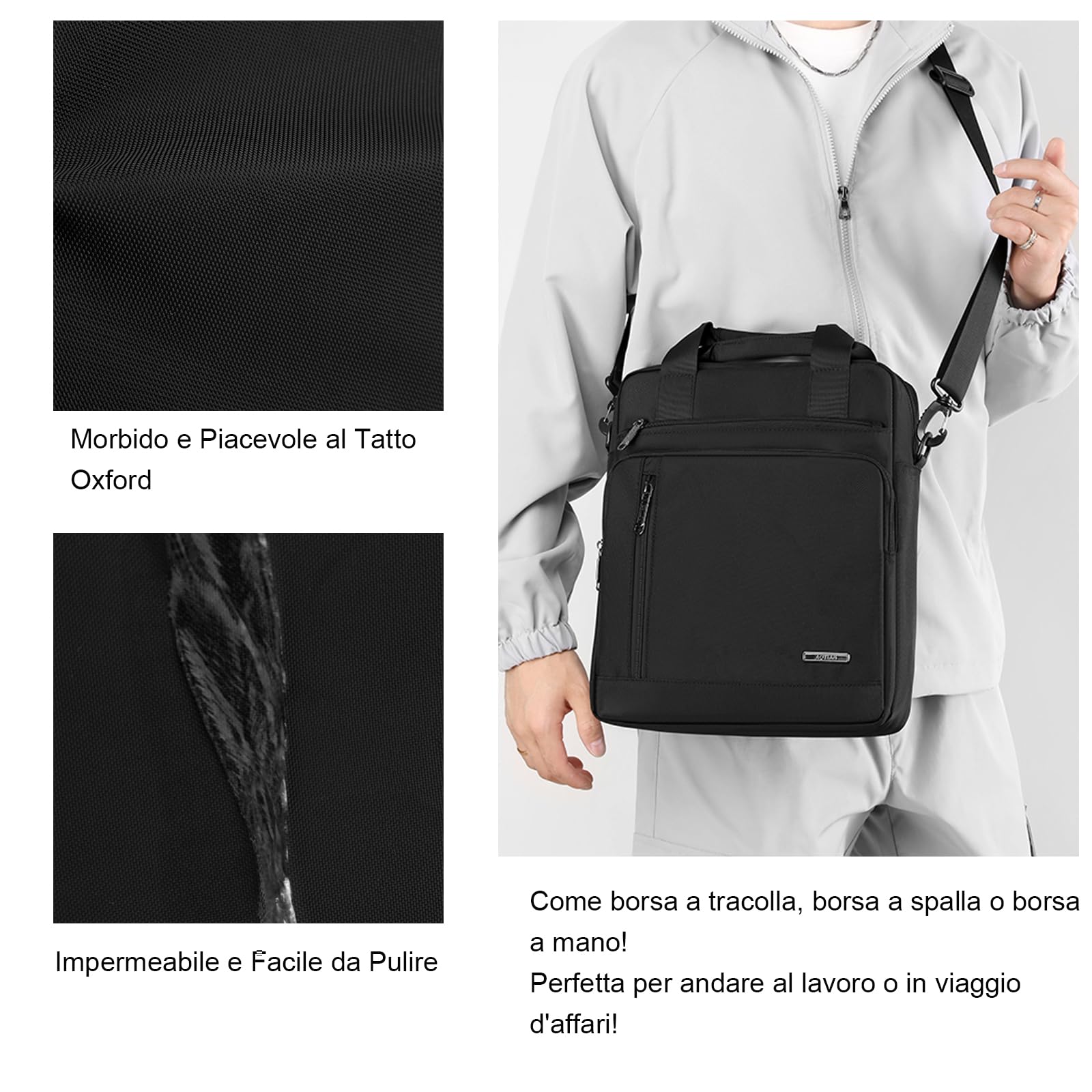 zhongningyifeng Borsa messenger da uomo per computer portatile da 13 pollici Oxford grande borsa a tracolla Business impermeabile casual nera borsa a tracolla per lavoro viaggi all'aperto, nero