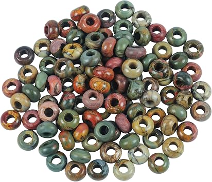 14x8mm Large Hole Stone Beads 5-6mm Hole Healing Crystal Rondelle Beads for European Charm Bracelets, Jewelry Making & DIY Crafts, Pack of 20, Picasso Jade