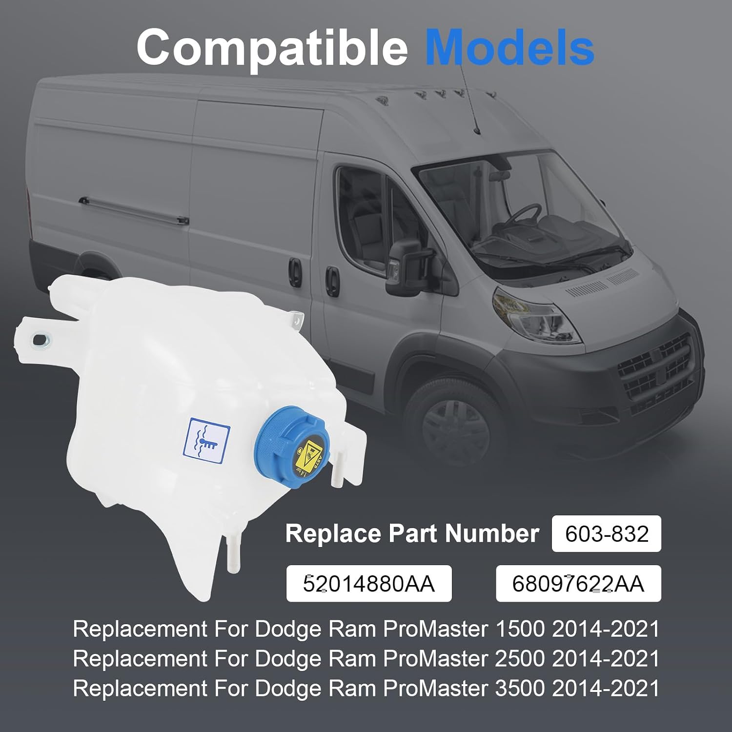 603-832 Coolant Reservoir Tank Replacement For Dodge Ram ProMaster 1500 2500 3500 2014-2021, Replace 52014880AA 68097622AA